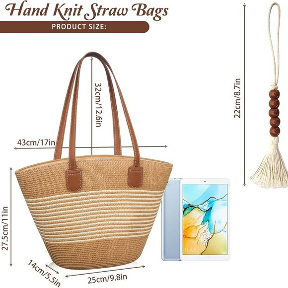 Straw Beach Tote Bag Women Large Woven Purse with Zipper Summer Travel - Picture 6 of 7